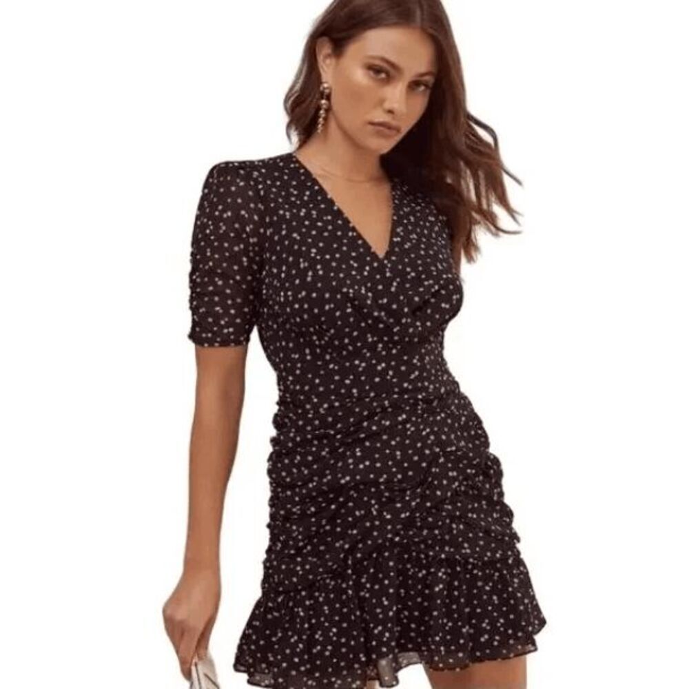 ASTR The Label Clarice Mini Dress Shirred Ruffle Black Ditsy Floral Small